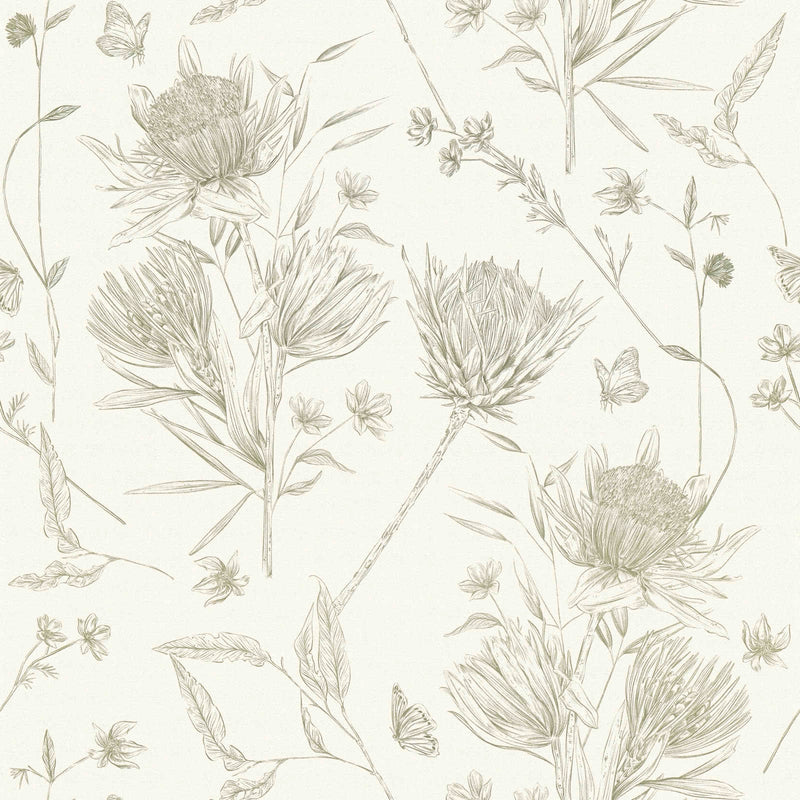 Wallpaper with flowers and butterflies, matt: cream, green, 1402041 AS Creation