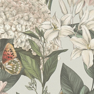 Wallpaper with flowers and butterflies, matt: in soft shades, 1402030 AS Creation