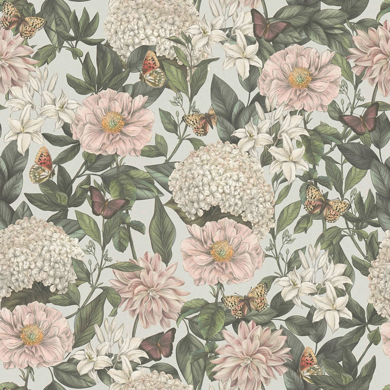 Wallpaper with flowers and butterflies, matt: in soft shades, 1402030 AS Creation