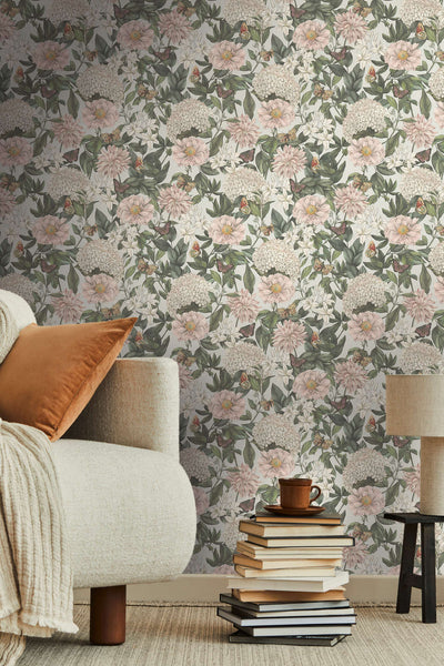 Wallpaper with flowers and butterflies, matt: in soft shades, 1402030 AS Creation