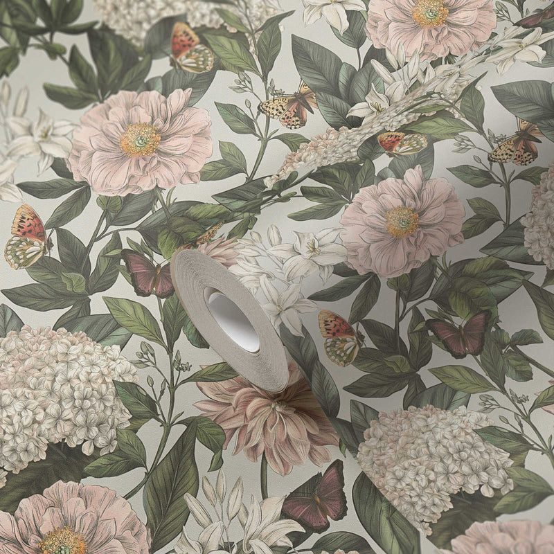 Wallpaper with flowers and butterflies, matt: in soft shades, 1402030 AS Creation