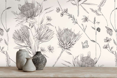 Wallpaper with flowers and butterflies, matt: black and white, 1402040 AS Creation