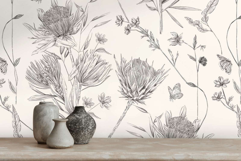 Wallpaper with flowers and butterflies, matt: black and white, 1402040 AS Creation