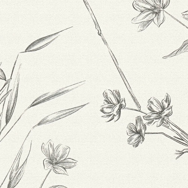 Wallpaper with flowers and butterflies, matt: black and white, 1402040 AS Creation