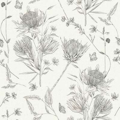 Wallpaper with flowers and butterflies, matt: black and white, 1402040 AS Creation