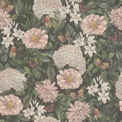 Wallpaper with flowers and butterflies, matt: green, pink, 1402025 AS Creation