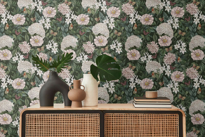 Wallpaper with flowers and butterflies, matt: green, pink, 1402025 AS Creation