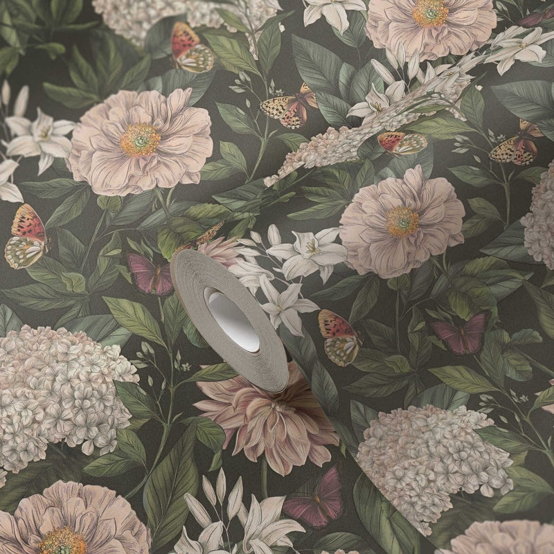 Wallpaper with flowers and butterflies, matt: green, pink, 1402025 AS Creation