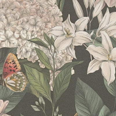 Wallpaper with flowers and butterflies, matt: green, pink, 1402025 AS Creation