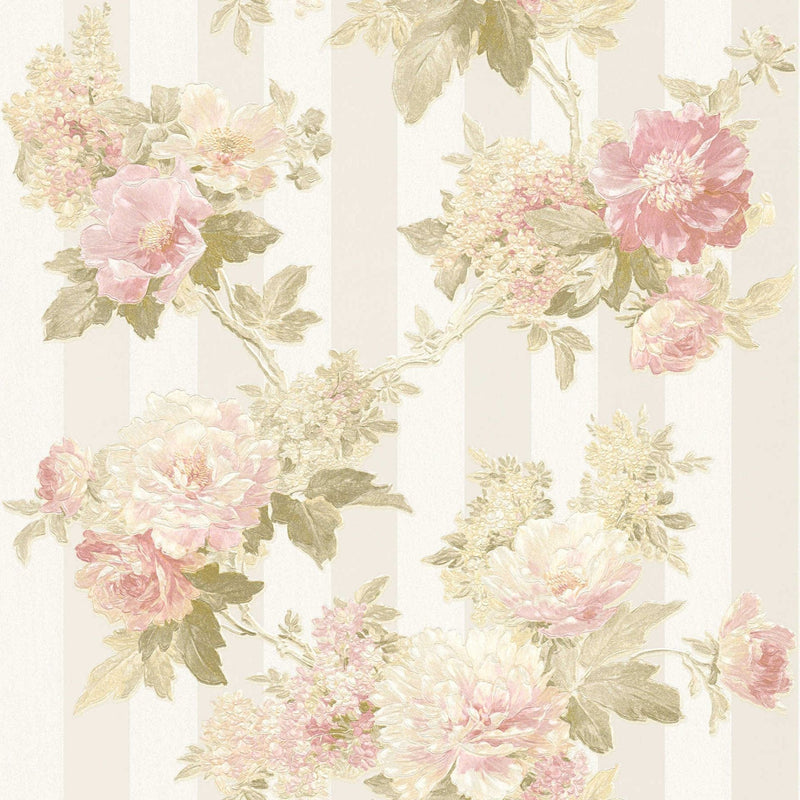 Tapetes ar ziedu motīvu un svītrainu dizainu, krēma un roza, 1122515 AS Creation