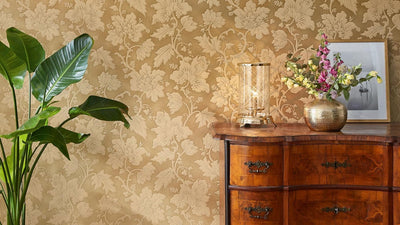 Tapetes ar ziedu ornamentu klasiska stilā, zeltā krāsā, RASCH, 2132150 AS Creation