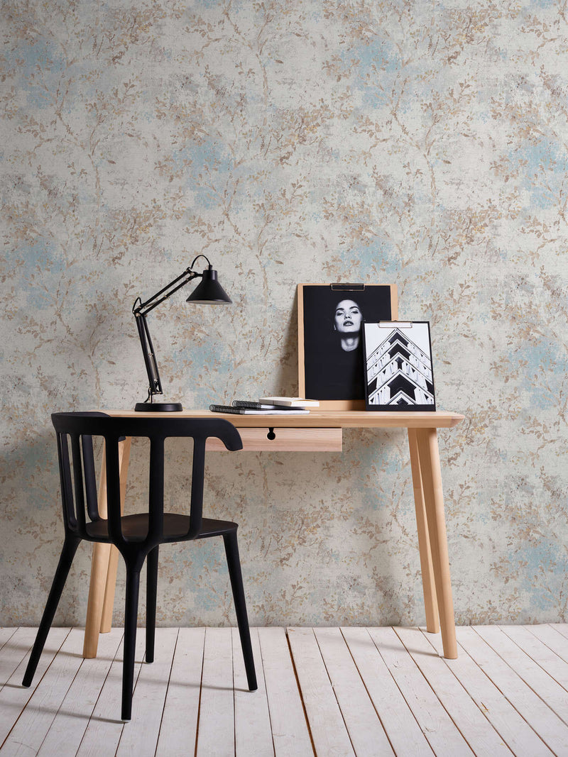 Wallpaper with floral pattern in watercolour style - grey, blue, beige, 1406326 AS Creation