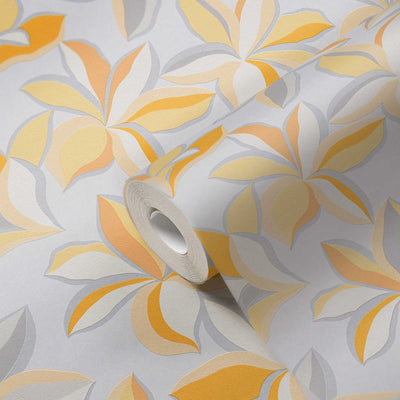 Wallpaper with floral pattern with glossy effect and fine texture, yellow, grey, 1367734 AS Creation