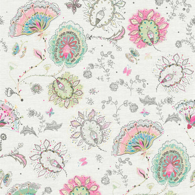 Tapetes ar ziedu rakstu spilgtās krāsās - krémkrāsā, zaļā, rozā, 1367577 AS Creation
