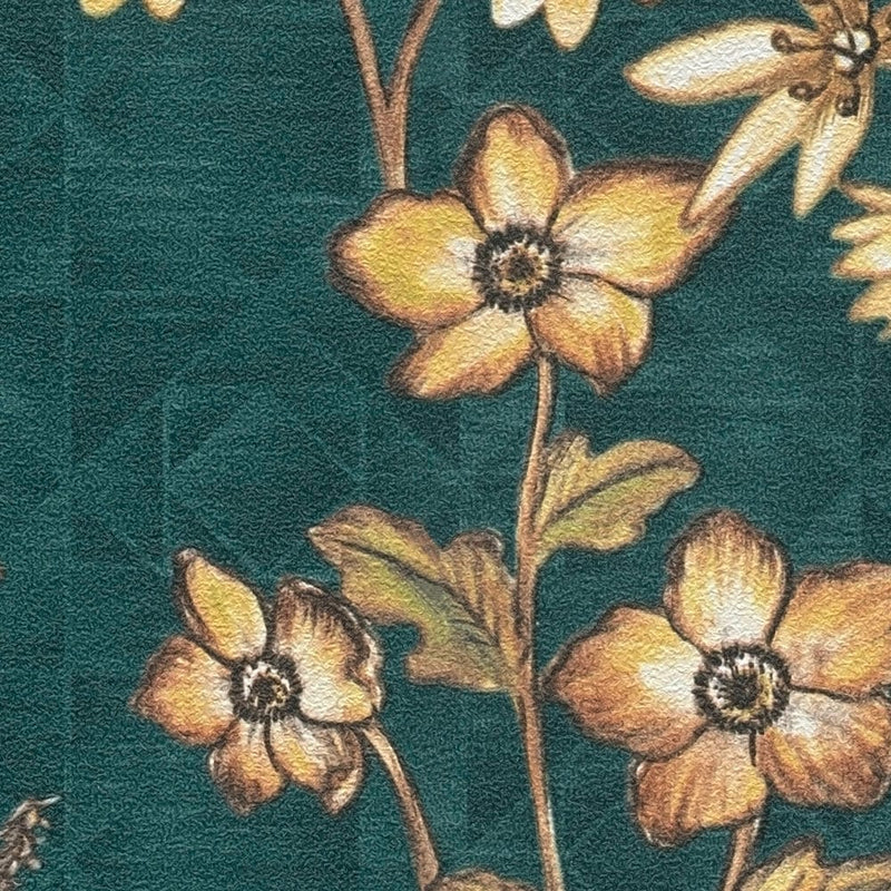 Wallpaper with floral pattern on graphic teal background, 1374006 AS Creation