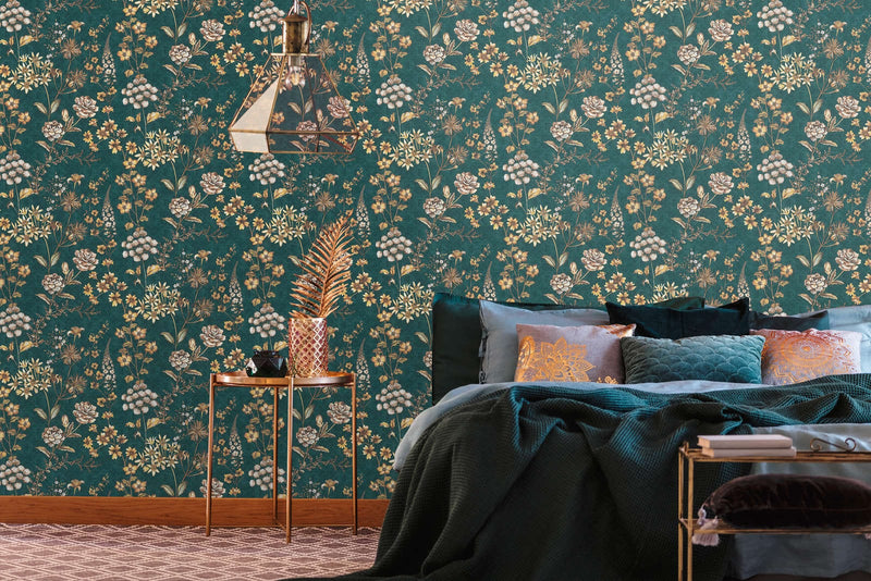 Wallpaper with floral pattern on graphic teal background, 1374006 AS Creation