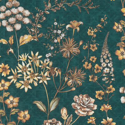 Wallpaper with floral pattern on graphic teal background, 1374006 AS Creation