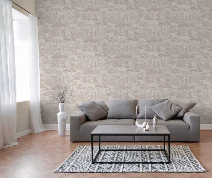 Tapetes ar zīmētu koku ainavu - silti pelēkas - 3012454 AS Creation