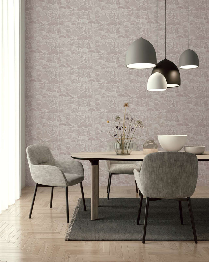 Tapetes ar zīmētu koku ainavu - silti pelēkas - 3012454 AS Creation