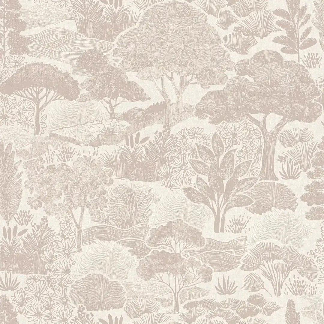 Tapetes ar zīmētu koku ainavu - silti pelēkas - 3012454 AS Creation