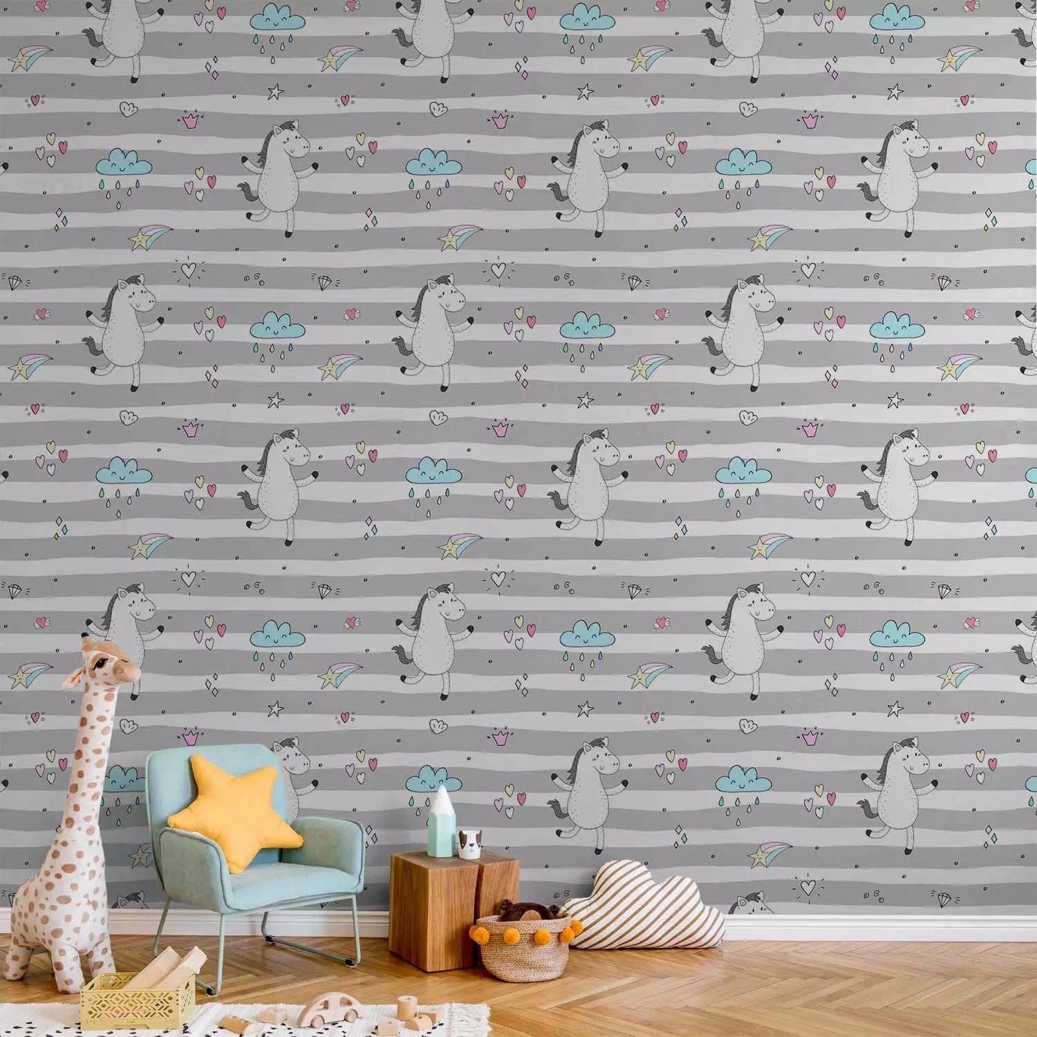 Tapetes ar zirgiem, bērnu istabai - Dejojošie zirgi, pelēkā krāsā G ART