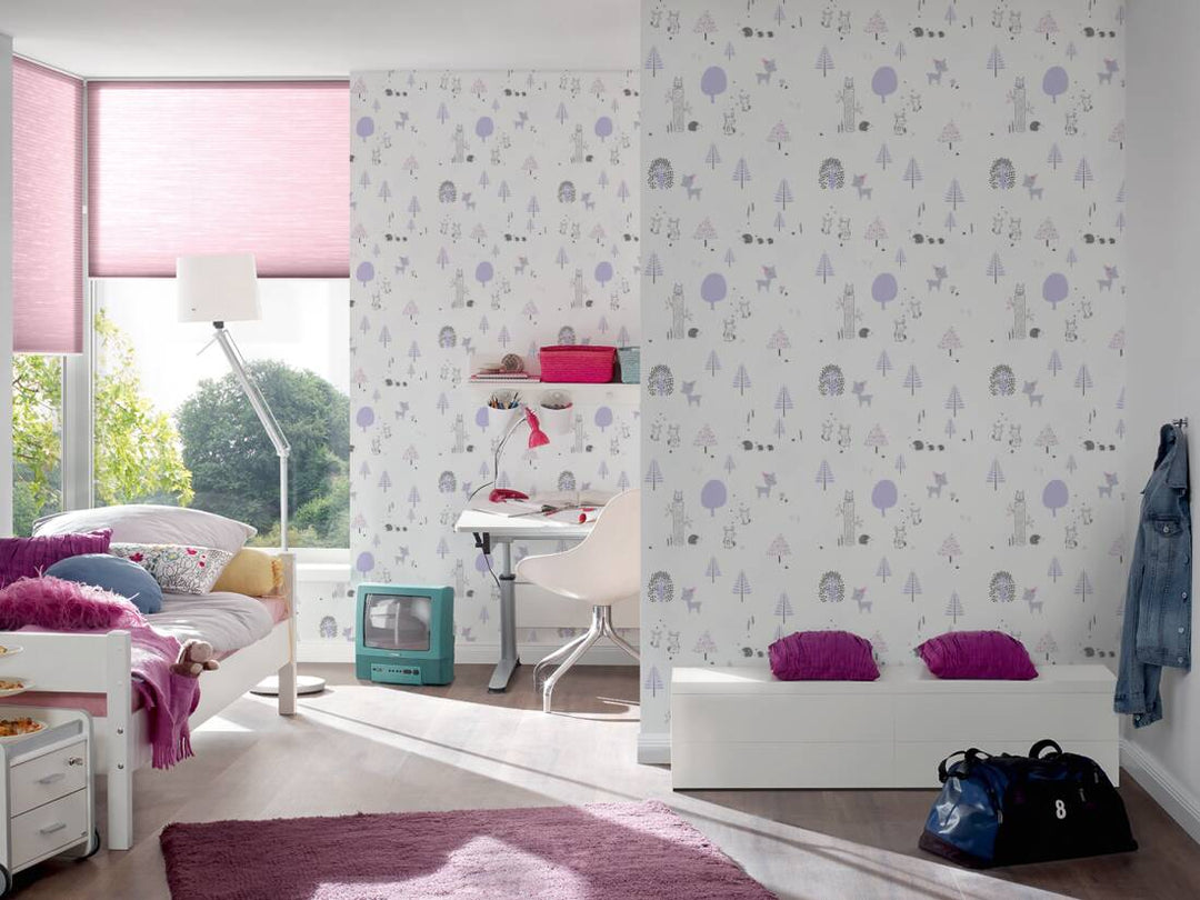Tapetes bērnu istabai ar meža dzīvniekiem - violeta, balta, 381171, Bez PVC 🌿 AS Creation