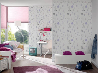 Wallpaper for children's room with forest animals - purple, white, 1350363 Without PVC AS Creation