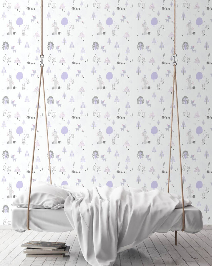 Tapetes bērnu istabai ar meža dzīvniekiem - violeta, balta, 381171, Bez PVC 🌿 AS Creation