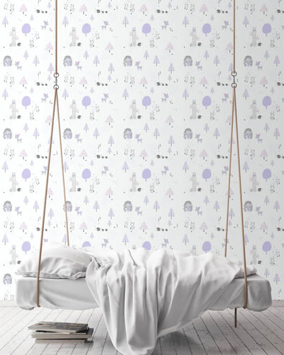 Wallpaper for children's room with forest animals - purple, white, 1350363 Without PVC AS Creation