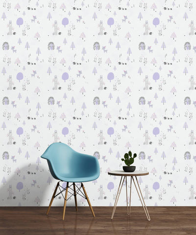 Wallpaper for children's room with forest animals - purple, white, 1350363 Without PVC AS Creation