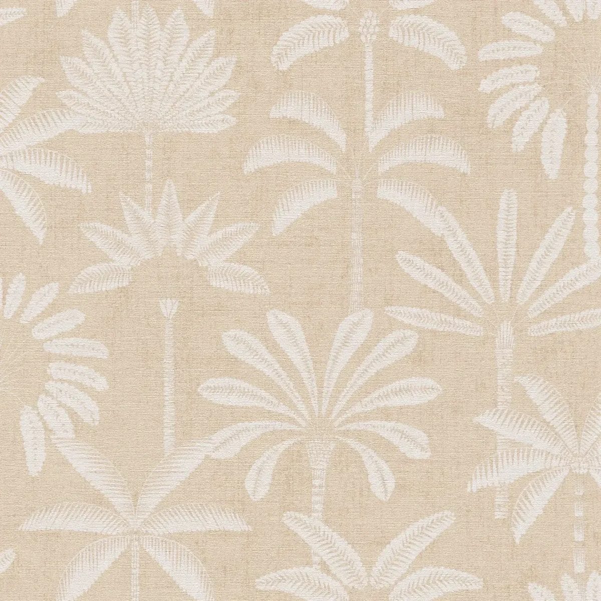 Вид детали: бежевые обои со стилизованными пальмами и поверхностным тиснением. SKU: 3012117, AS Creation.