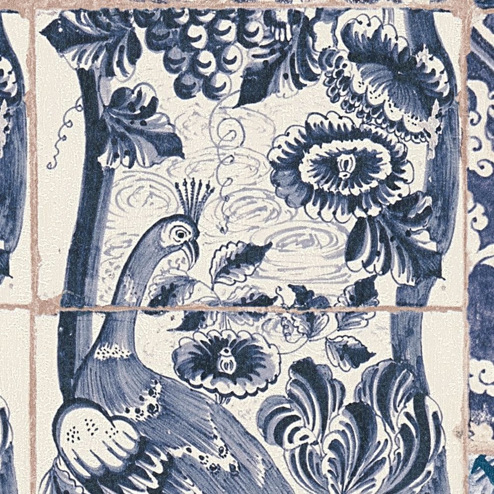 Zilas tapetes ar flīžu un mozaīkas rakstu, 1321120 AS Creation