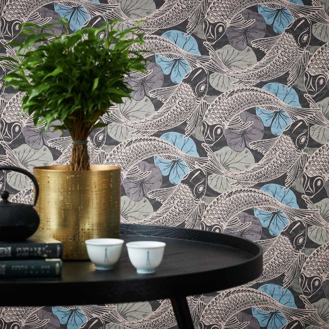 Tapetes ar austrumu motīviem, Koi karpas zilā un melnā AS 378594 AS Creation