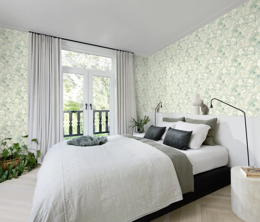 Rasch wallpaper with a delicate botanical leaf motif and a matt finish in the design of a cosy, light-filled bedroom