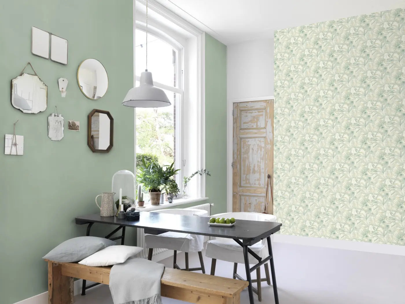 Rasch botanical-pattern wallpaper with a matt linen texture, combined with a plain green wall in a light-coloured dining room