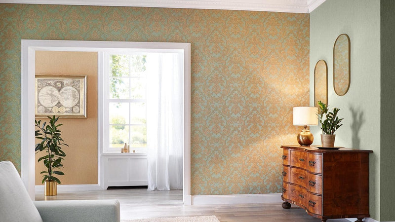 Wallpaper RASCH with classic ornaments in green and gold, 2132410 RASCH