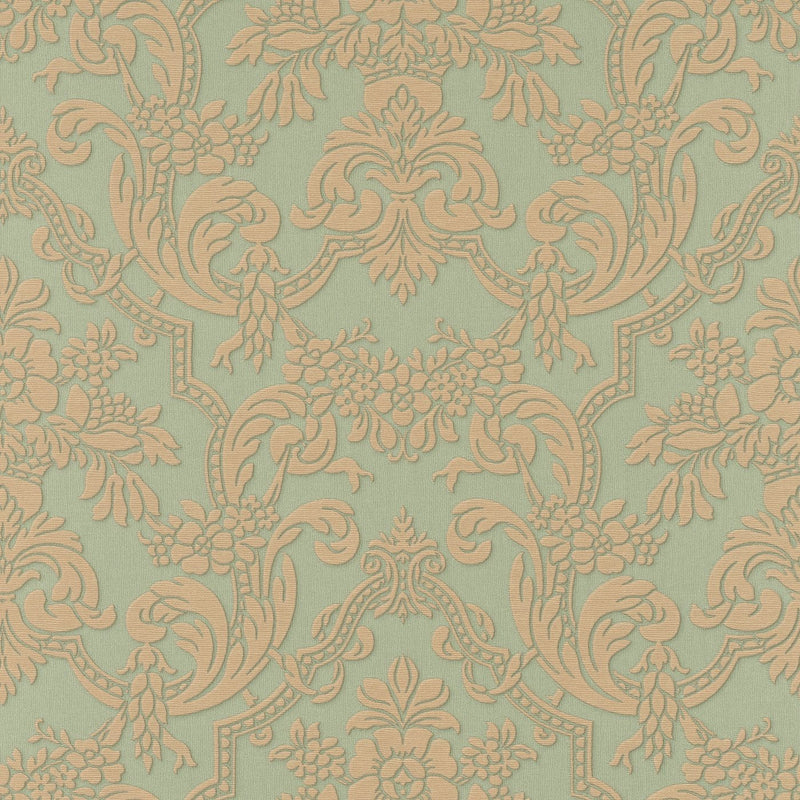 Wallpaper RASCH with classic ornaments in green and gold, 2132410 RASCH