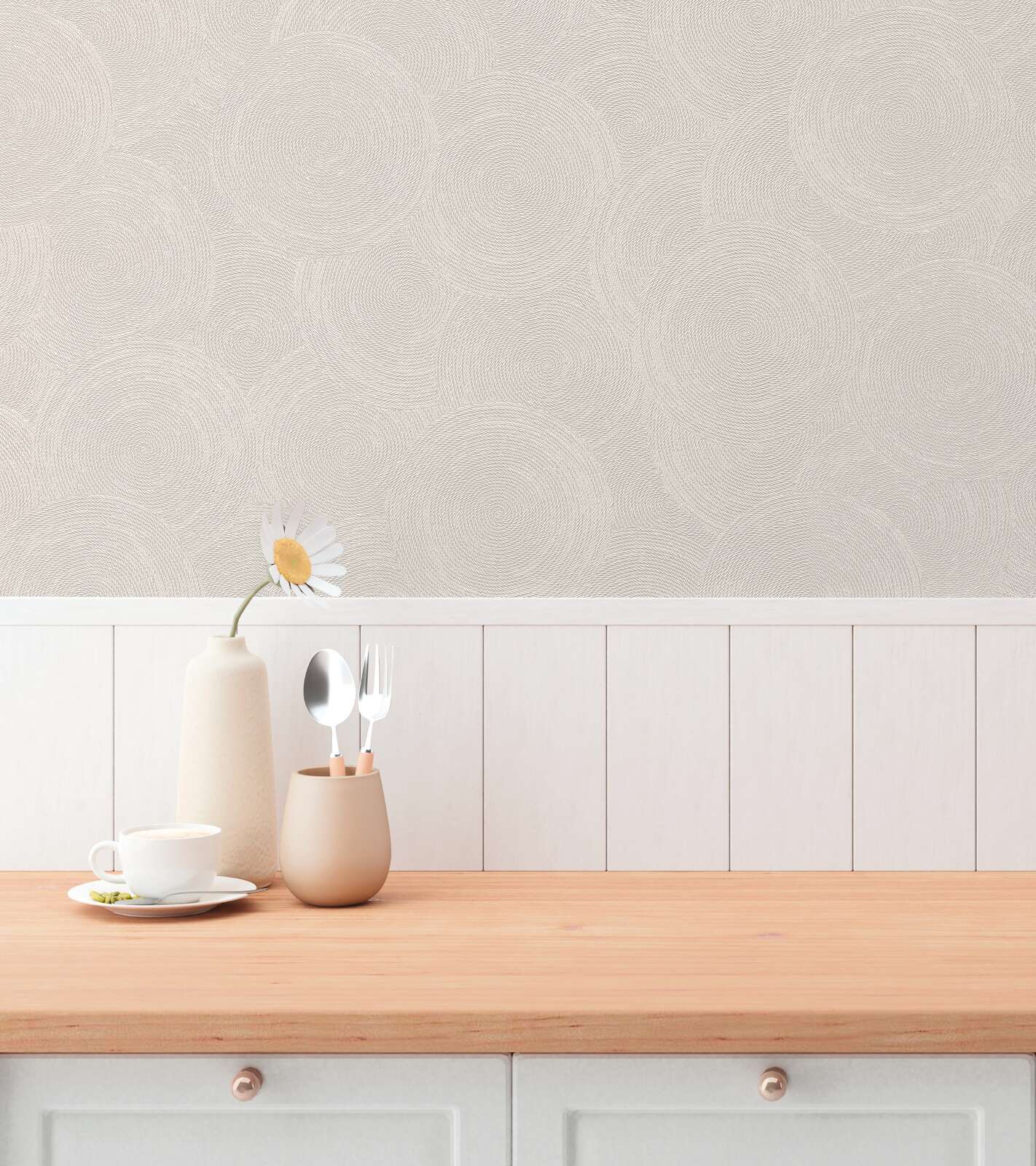 Cream wallpaper with circles and metallic effect for a luxurious living room. SKU: 3010630, AS Creation.