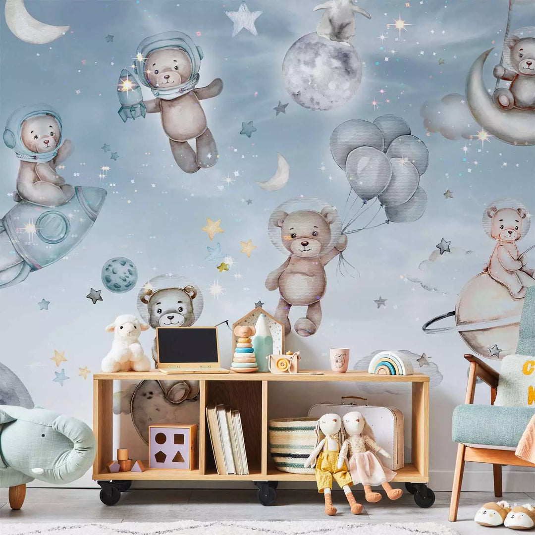 Valokuvatapetti - Karhuja ja pingviinejä avaruudessa - sininen galaksi ja tähdet, 149241