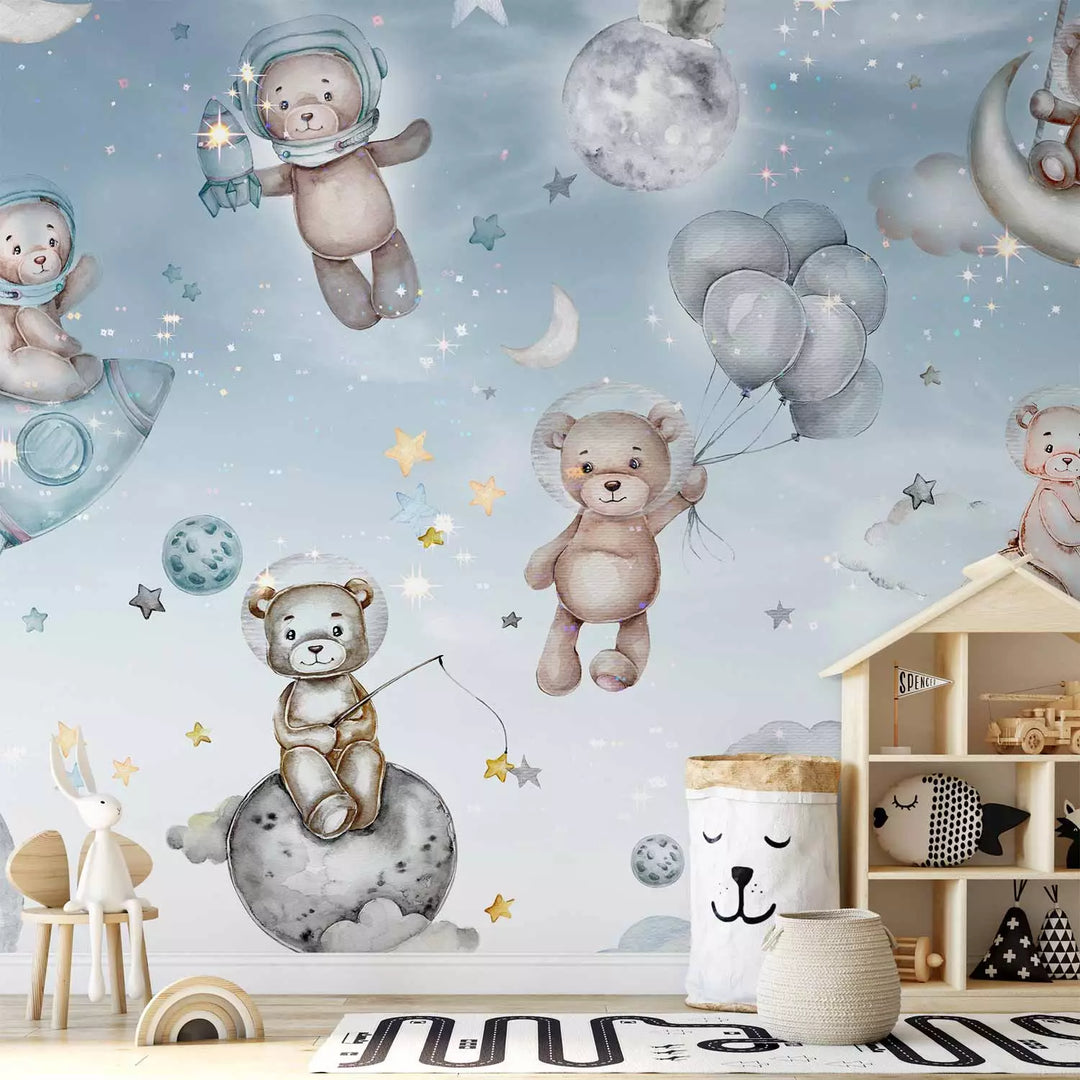 Valokuvatapetti - Karhuja ja pingviinejä avaruudessa - sininen galaksi ja tähdet, 149241