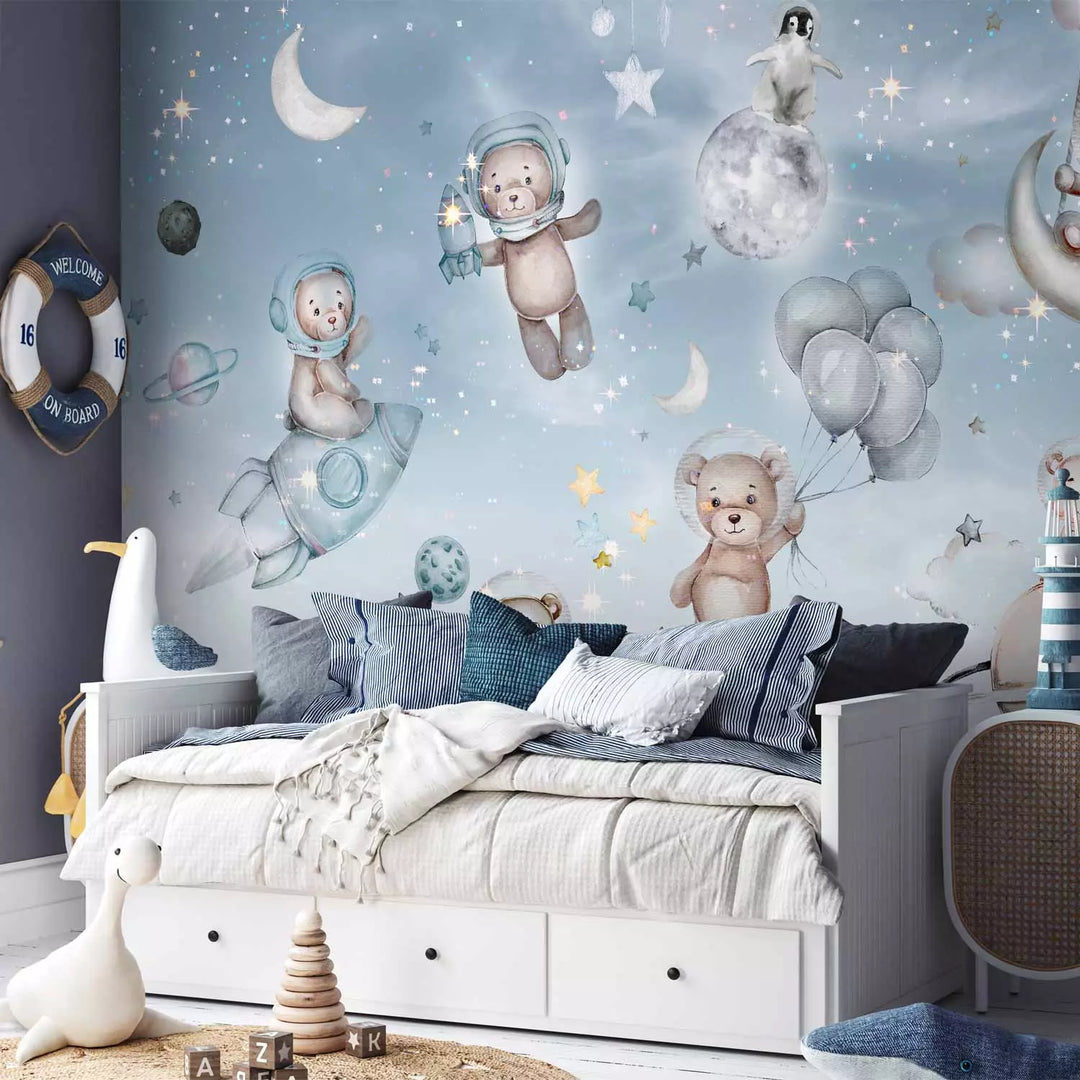 Valokuvatapetti - Karhuja ja pingviinejä avaruudessa - sininen galaksi ja tähdet, 149241