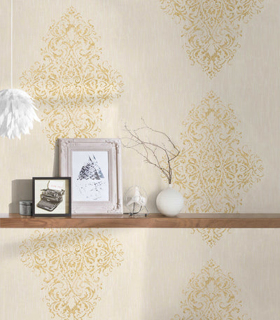 Textile wallpaper with gold ornament on beige background AS Creation