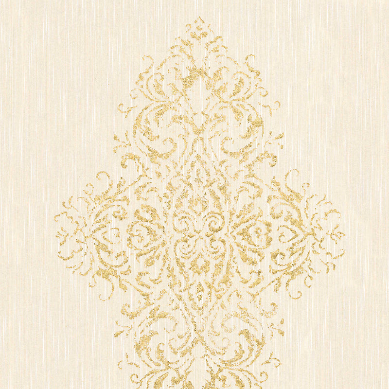 Textile wallpaper with gold ornament on beige background AS Creation