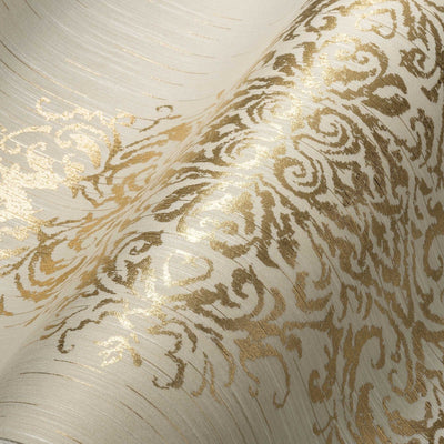 Textile wallpaper with gold ornament on beige background AS Creation