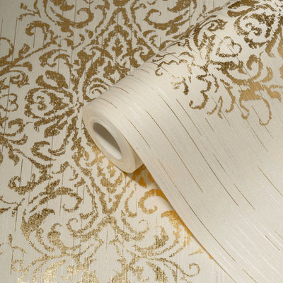 Textile wallpaper with gold ornament on beige background AS Creation