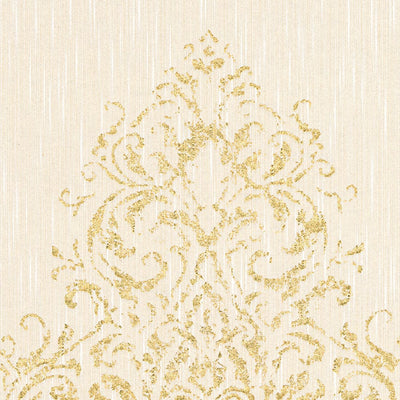 Textile wallpaper with gold ornament on beige background AS Creation