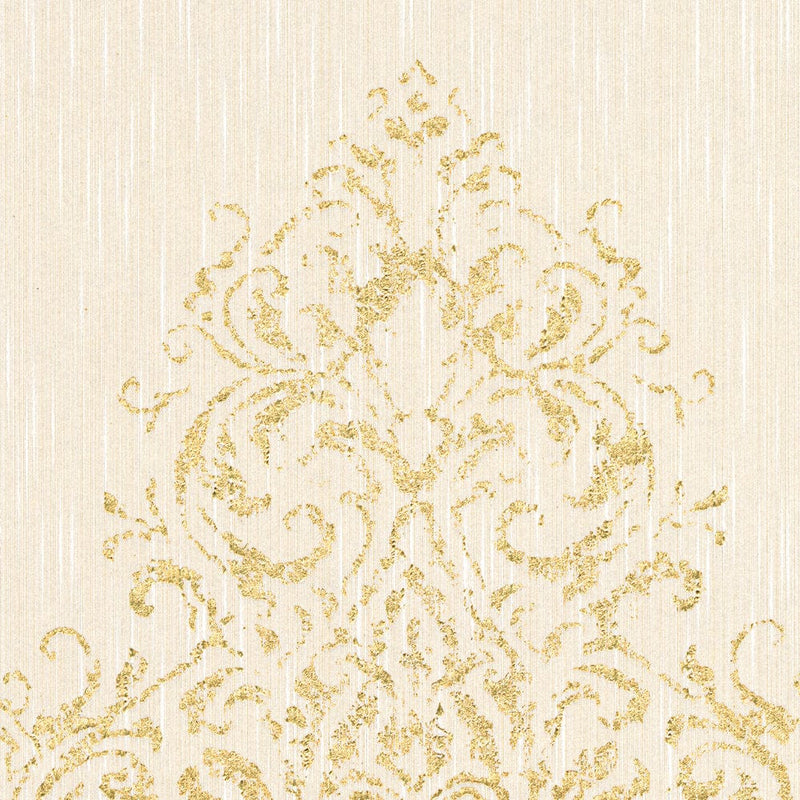 Textile wallpaper with gold ornament on beige background AS Creation