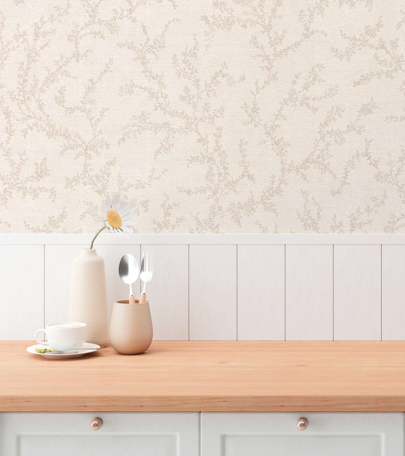 Cream textured wallpaper with delicate leaf swirls for a romantic living room. SKU: 3010566, AS Creation.
