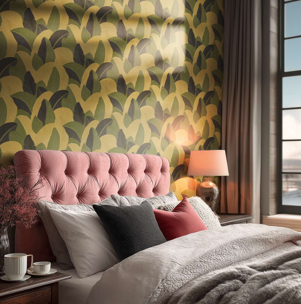 Teksturētas tapetes ar abstraktu lapu dizainu - dzeltena, zaļa, melna AS Creation