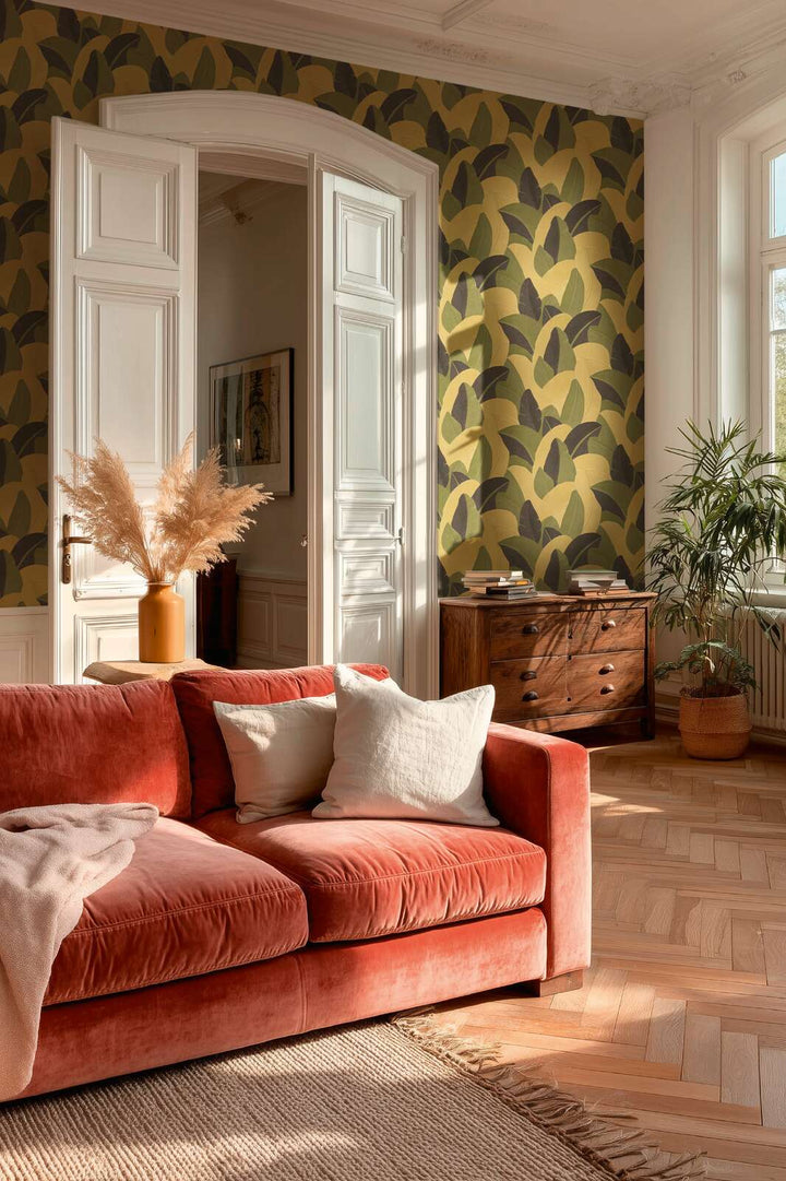 Teksturētas tapetes ar abstraktu lapu dizainu - dzeltena, zaļa, melna AS Creation